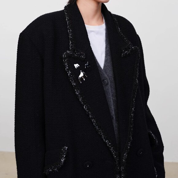 CHICJOC LEBOY Black Wide Shoulder BF Coat Luxury 100% Wool size 36 - Picture 11 of 13